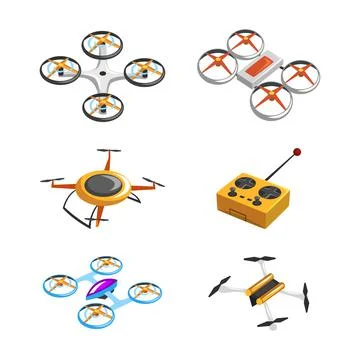 Drones with Controller as Unmanned Aircraft Isometric Vector Set Stock Illustration