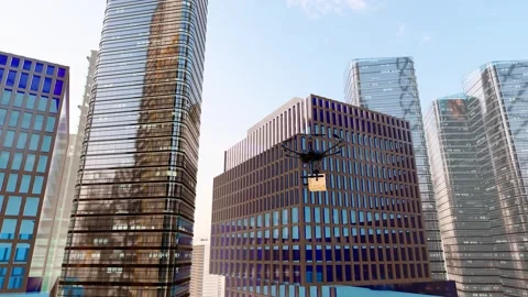 Drones deliver goods and packages between city office buildings Stock Footage 307158273