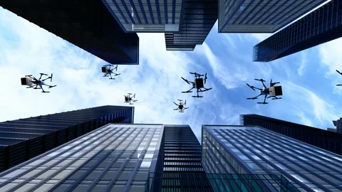 Drones deliver goods in business centers Stock Footage 321786871