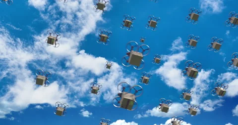 Drones deliver packages, 3D animation Stock Footage 130490932