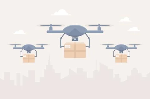 Drones delivering packages against a cityscape background 스톡 일러스트