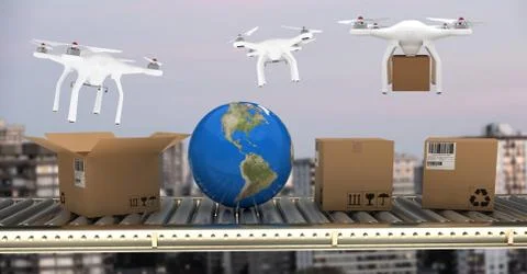 Drones delivering parcel boxes from conveyor belt over city Foto stock