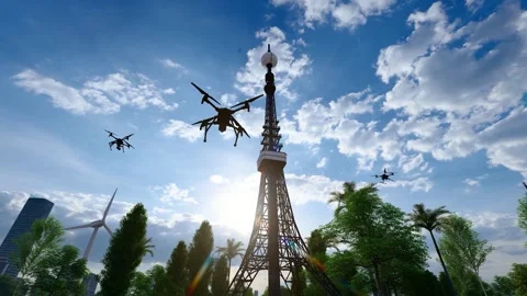 Drones detect 5G signal towers Stock Footage 307974655