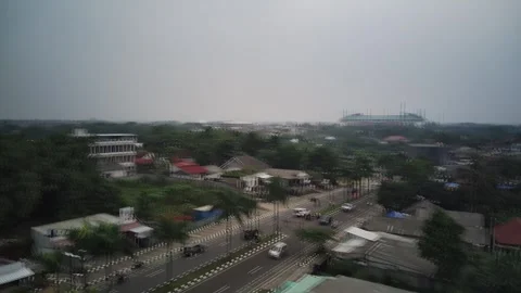 Drone's Eye View: Soaring Above the Highway, Residential Scenery Stockbeeldmateriaal 243974132