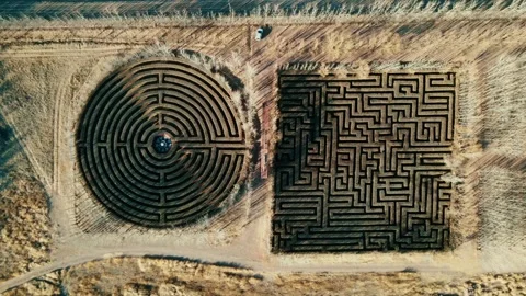 Drone's eye view of two labyrinths in the middle of the desert in Stock Footage 259124720