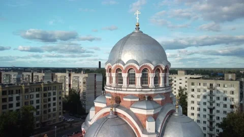 The drone's flight over the tall building of the Christian Cathedral. Stock Footage 218705642