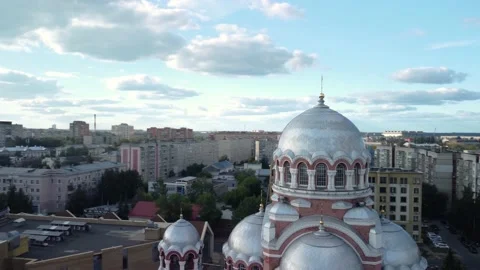 The drone's flight over the tall building of the Christian Cathedral. Stock Footage 218705827