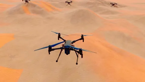 Drones fly over desert areas for geographical exploration Stock Footage 300229861