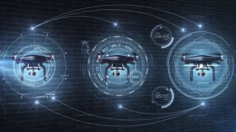 Drones flying with networked HUD showing data and surveillance Stock Footage 335945916