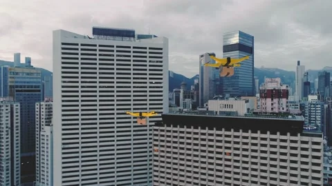 Drones Flying over City, Delivering Postal Package. Futuristic delivery concept Stock Footage 149456638