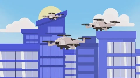 Drones Flying Over Modern City Horizon Cityscape Seamless Loop Stock Footage 303465475