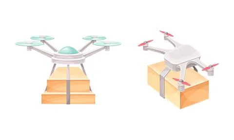 Drones flying with package box set. Modern delivery service technology vector Illustrazione stock