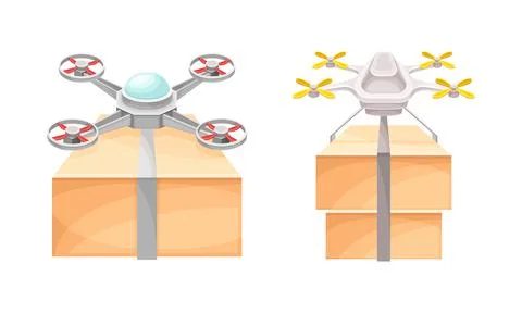 Drones flying with package boxes set. Modern delivery service technology Illustrazione stock