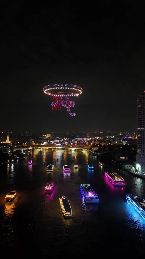 Drones Forming Carousel Horse Over Illuminated Boats in Bangkok, Thailand Stock Footage 335970065