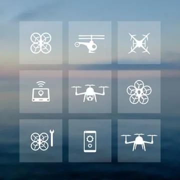 Drones icons set, tricopter, multicopter, quadrocopter, copter, vector illust Stock Illustration