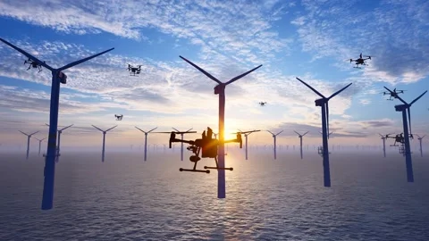 Drones inspect wind farm equipment at sea Stock Footage 316527807