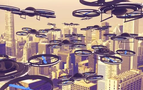 Drones invasion. a lot of drones above american city. 3d render illustration. Stock Illustration