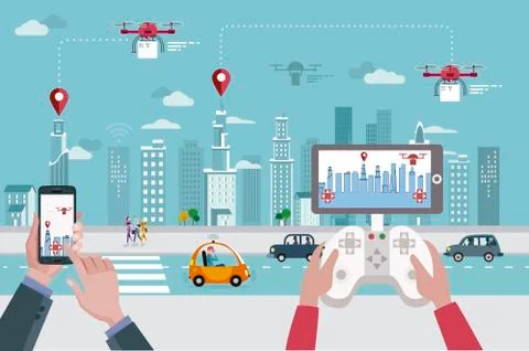 Drones in a Modern City Stock Illustration
