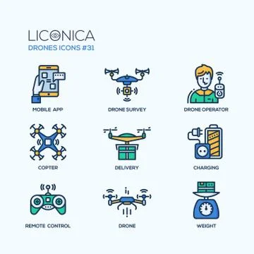 Drones - modern vector flat line design icons set. Stock Illustration