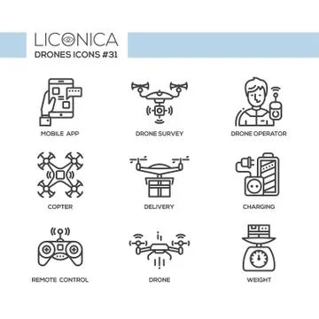 Drones - modern vector flat line design icons set. Stock Illustration