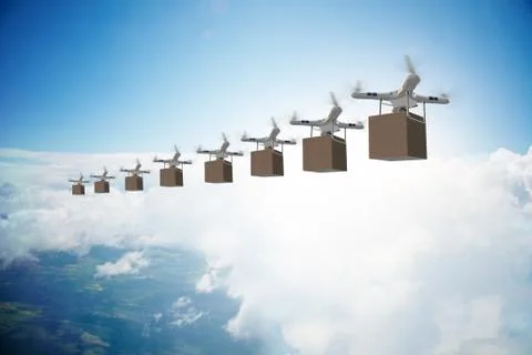 Drones in package delivery concept - 3d rendering Stock Illustration