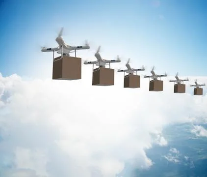 Drones in package delivery concept - 3d rendering Stock Illustration