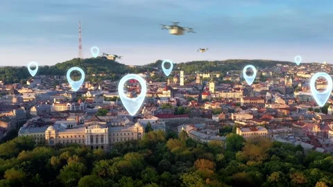 Drones parcel delivery service. Many multicopters flying big packages into city Stock Footage 190484448