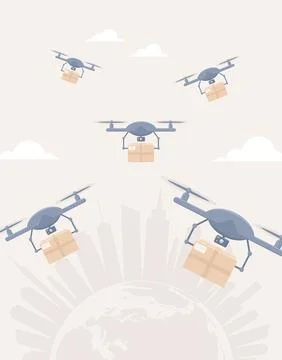 Drones with parcels flying over cityscape on Earth globe Illustrazione stock