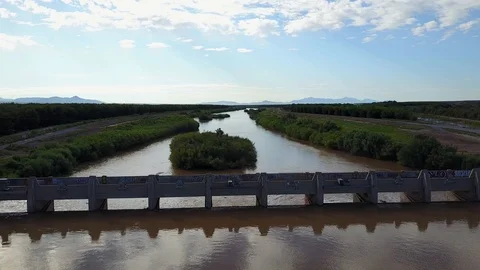 A Drones point of view of the Mesilla Diversion Dam in Mesilla, New Mexico Stock Footage 126946327