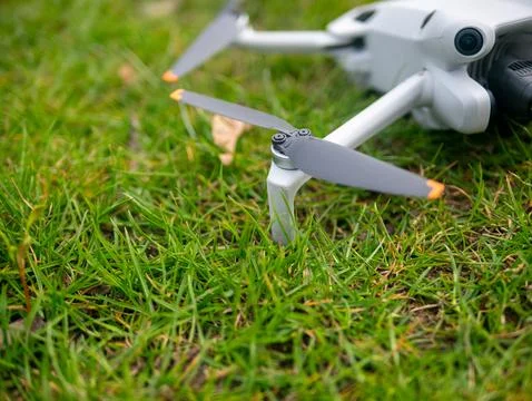 Drone's propellers are on the grass Stock Photos