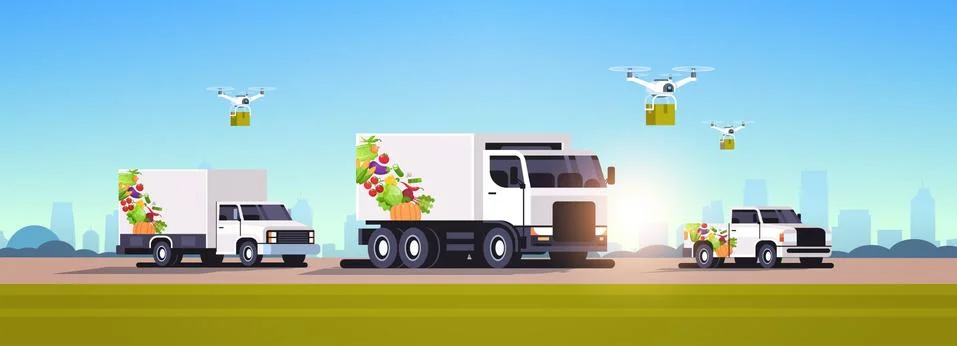 Drones quadcopters and realistic vans with organic vegetables on highway natural 库存插图
