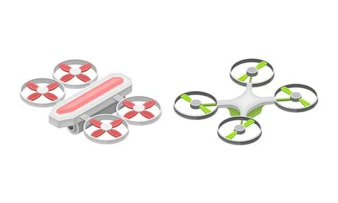 Drones set. Quadcopter, multicopter devices isometric vector illustration Illustrazione stock