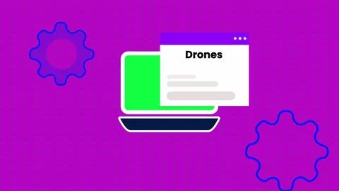 Drones text isolated digital technology notification message page on laptop.. Illustrazione stock