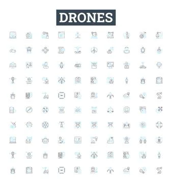 Drones vector line icons set. Drones, quadcopters, UAVs, flying robots, multi Stock Illustration
