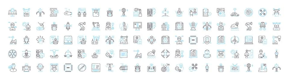 Drones vector line icons set. Drones, quadcopters, UAVs, flying robots, multi Stock Illustration