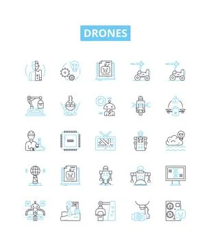 Drones vector line icons set. Drones, quadcopters, UAVs, flying robots, multi Stock Illustration