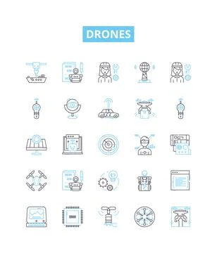 Drones vector line icons set. Drones, quadcopters, UAVs, flying robots, multi Illustrazione stock