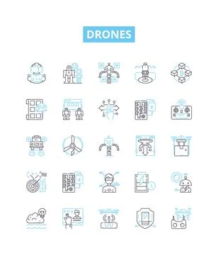 Drones vector line icons set. Drones, quadcopters, UAVs, flying robots, multi Stock Illustration