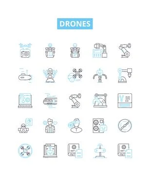 Drones vector line icons set. Drones, quadcopters, UAVs, flying robots, multi Stock Illustration