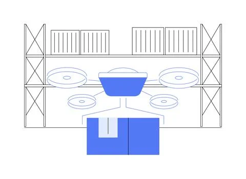 Drones in warehousing isolated cartoon vector illustrations. Ilustración de archivo