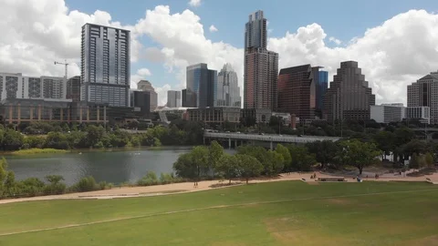 Drones Wide Angle View of Austin, TX from the Park Stock Footage 93413476