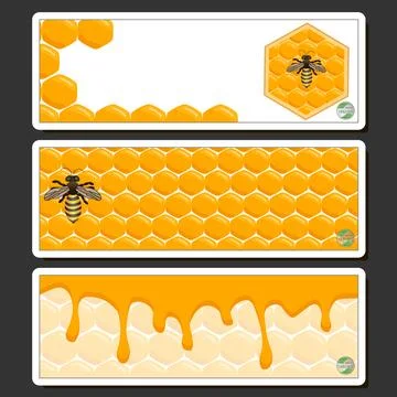 Drop of bee honey drip from hexagonal honeycombs filled with golden nectar Stock Illustration