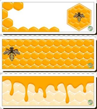 Drop of bee honey drip from hexagonal honeycombs filled with golden nectar Stock Illustration