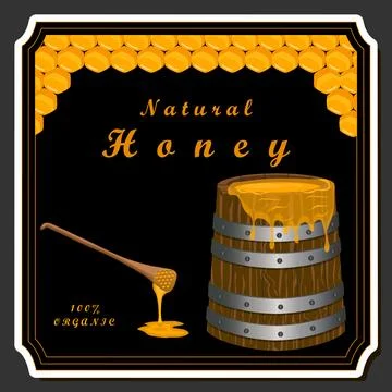 Drop of bee honey drip from hexagonal honeycombs filled with golden nectar Stock Illustration