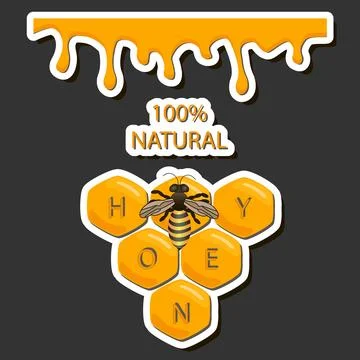 Drop of bee honey drip from hexagonal honeycombs filled with golden nectar Stock Illustration
