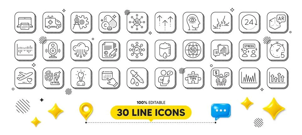 Drop counter, 5g technology and Quick tips line icons pack. For web app. 3d Stock Illustration
