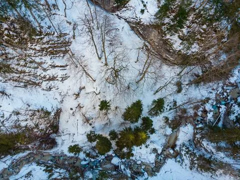 Drop down view of a mountain river flowing through winter forest. Stock Photos
