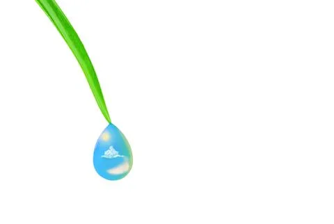 A drop drains from the grass. cloud, the sun in a drop. isolated on white. Stock Illustration
