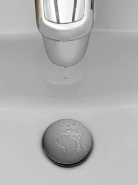 Drop falling to the drain of a sink, forming a world map Stock Photos