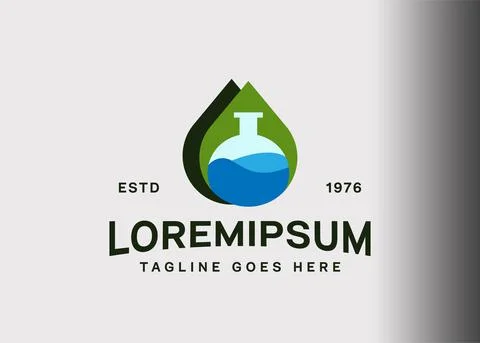 Drop lab logo design. Vector illustration of green water droplets and laborat Stock Illustration